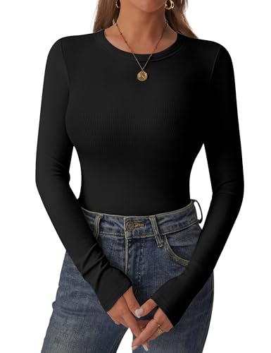 C.O.Z.Y Womens Long Sleeve Shirts Ribbed Crewneck Slim Fit Tops Casual Layering Basic Tee T-Shirt Trendy Outfits Black