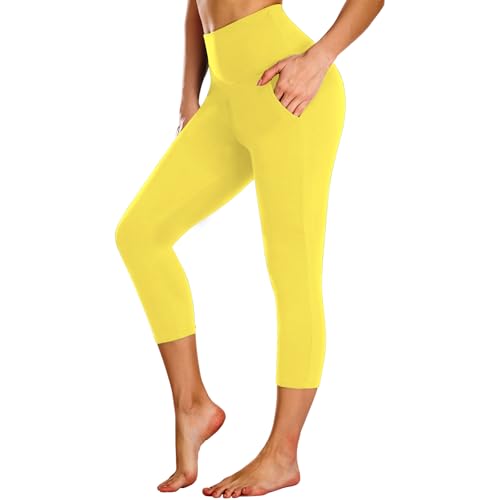 NEW YOUNG Capri Leggings with Pockets for Women High Waisted Workout Leggings Tummy Control Yoga Pants Lemon Yellow