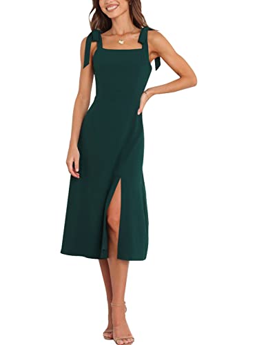 Tankaneo Womens Elegant Square Neck Bridesmaid Dresses Split Mid Formal Dress Cocktail Party Dress for Wedding Guest Dark Green