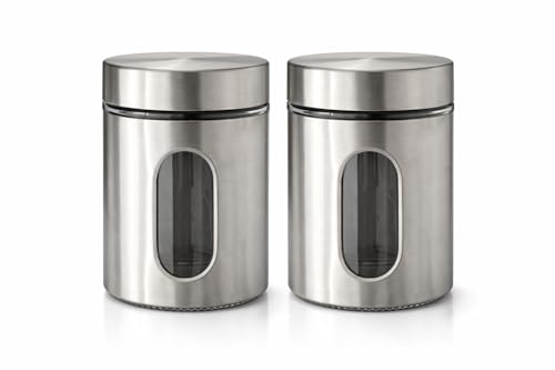 Conjunto 2 Potes Organizadores de Vidro com Acabamento em Inox com Visor – Porta Mantimentos para Café, Açúcar, Grãos e Temperos – Pote de Vidro com Tampa de Aço Inox – Cozinha Premium