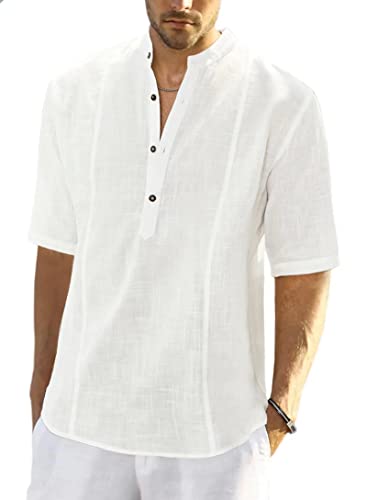 【Attenzione!】 Questa camicia Henley a maniche corte in lino ha una vestibilità regolare e rilassata. Se non siete sicuri della taglia da acquistare, controllate attentamente la tabella delle taglie e scegliete la camicia casual adatta alla vostra taglia abituale. Informazioni sul modello. Altezza 188 cm, peso 75 kg, taglia M. Busto: 39,3 cm (99,82 cm); vita: 32,2 cm (81,79 cm); fianchi: 39 cm (99,06 cm).
