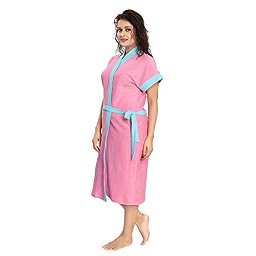 Image of Two Tone Cotton Half Sleeves Bathrobe for Women - Free Size fit Upto 42 inches-Ferozi Blue Pink