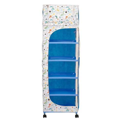 Image of SUBEKYU Kids Plastic Wardrobe Rack with Removable Cover, Baby Clothes Organizer & Storage Cabinet, Plastic Office Rack, White, Dinosaur