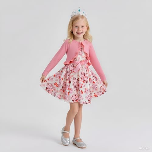 Size 4-8Y Girl's Floral Dress & Long Sleeve Ruffle Trim Jacket Casual Layered Little Girl Dress2