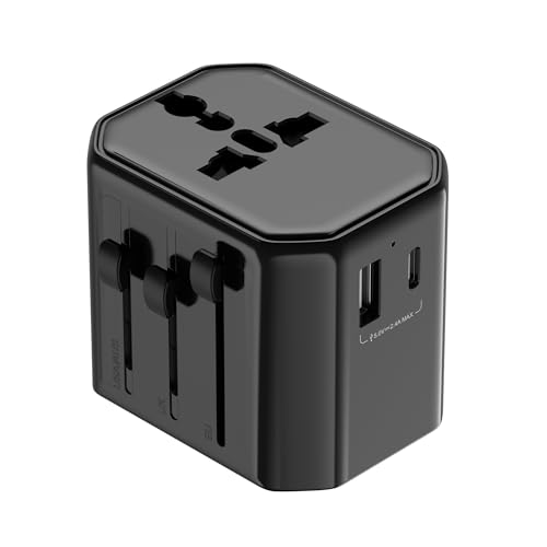 Technaxx Adattatore da Viaggio TX-358 – Adattatore Universale per USA, UK, Australia & UE, con USB-A e USB-C (12W), 100–250V/10A, fino a 2500W, compatto e leggero, interruttore di sicurezza