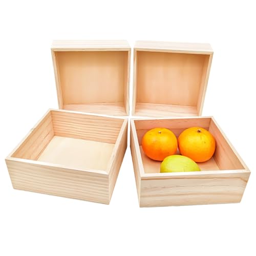 Anktily Lot de 4 boîtes organisatrices de rangement d'artisanat en bois brut, 15x15x6cm petites boîtes carrées en bois, contenants en bois naturel rustique...