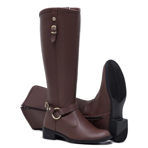 Bota Montaria Feminina Over Cano Longo Alto Com Fivela Salto Baixo (Cappucino, BR, Adulto, Numérico,