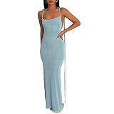 JUMISEE Women Sexy Backless Draped Maxi Dress Elegant Sleeveless Spaghetti Strap Evening Dress Long Club Party Beach Dress Blue