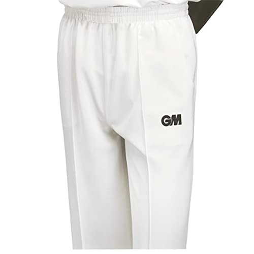 Gunn & Moore GM | Cricket Trousers, Athletic Fit Elasticated Waist 2 Pockets, Quick Drying & Enhanced Moisture Management, Off White with GM Logo, S Boys - Waist 25-26" Unfinished Hem