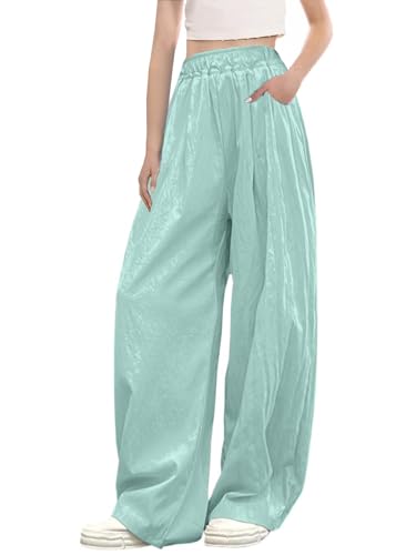 Image of SANGTREE Girls & Woman Wide Leg Pants Lightweight Casual Elastic High Waist Straight Leg Loose Trousers,4 Years - Woman 2XL