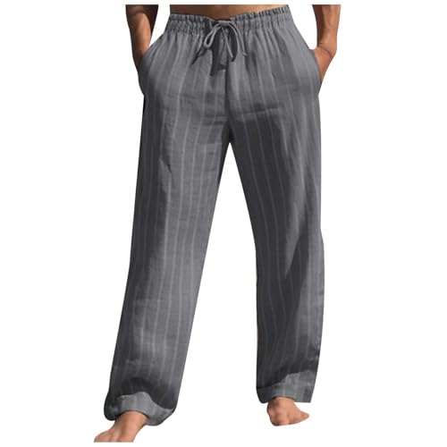 Pantalones de pijama para hombre, a rayas, transpirables, de verano, largos, ligeros, cómodos, informales, para la playa, para dormir, de algodón, con bolsillos con cordón, gris, L