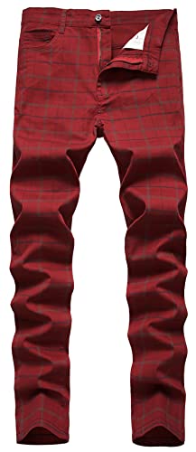 Image of FEOYA Mens Plaid Chinos Dress Chino Trousers Slim Fit Suit Pants Stretch Straight Leg Trousers Fitted Elastic Cotton Checked Pant Zip Fly Casual Check Tartan Trouser Spring Autumn 01 Red 34 Inch Waist