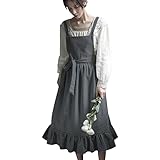 ODIZLI Apron Cute Dress for Women Frill Cross Back Cotton Linen Japanese Apron With Pockets Maid Pinafore Apron Housewife Garden Cooking Baking Pottery Pinafore Apron Gray One Size