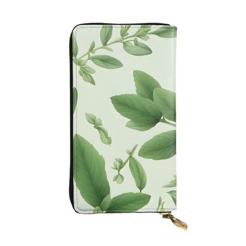 Portefeuille long en cuir imprimé fleurs vertes et herbes de sauge pour femme