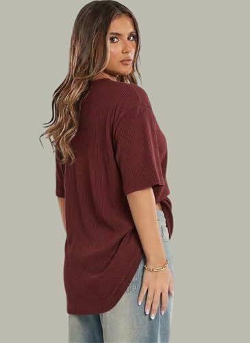 Image of RodZen Oversized Fit Half Sleeves Round Neck Textured Polycotton T-Shirt for Women /Girls (Pack of 2)