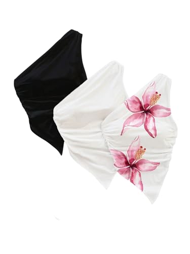 SOLY HUX Women's 3 Piece One Shoulder Tank Top Sleeveless Asymmetrical Fitted Going Out Crop Tops Black White Floral Medium
