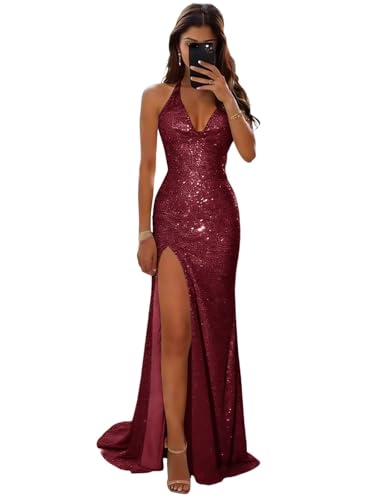 Basgute Sparkly Sequin Prom Dresses for Women 2026 Halter Mermaid Slit Corset Long Tight Elegant...