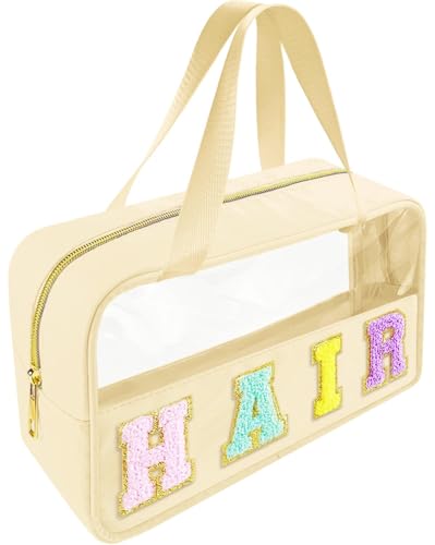 Chenille Letter Clear Makeup Bag Hair Patch, Travel Toiletry Makeup Bag with Handle, Nylon Waterproof Makeup Bags clear cosmetic bag, preppy patch makeup bag for Women (HAIR-Beige)