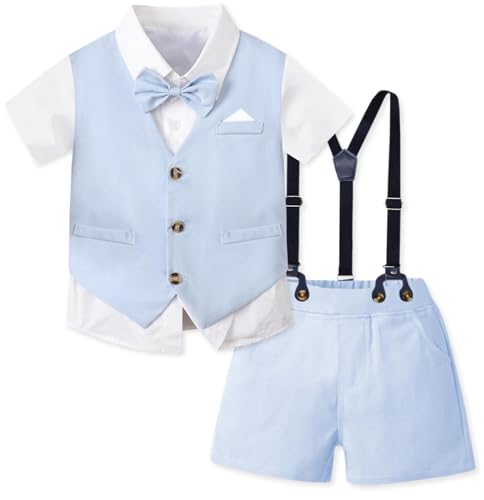 Image of SANGTREE Baby Boy Suit Wedding Ring Bearer Outfits Vest Short Sleeve Bowtie Shirt Suspender Summer Gentleman Shorts Sets