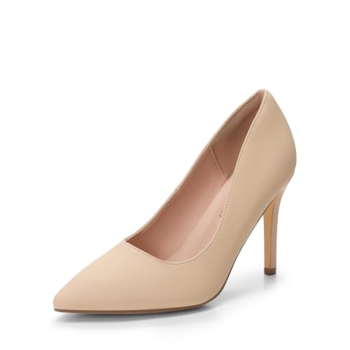 DREAM PAIRS Women's Closed Toe High Heels Dress Pointed Toe Wedding Pump Shoes,Size 7.5,Nude/Nubuck