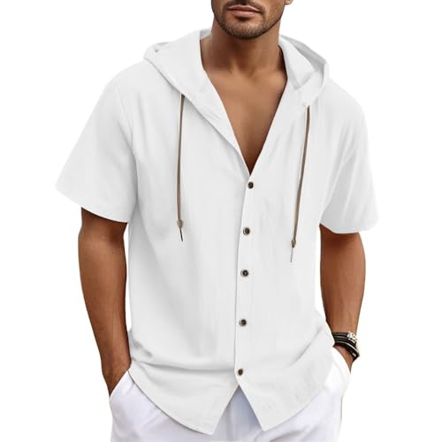 Bsrpolry Hemd Herren Baumwolle und Leinen Hoodie Kurzarmhemd Strandhemd Sommerhemd Elegantes Hemd Weiß 2XL