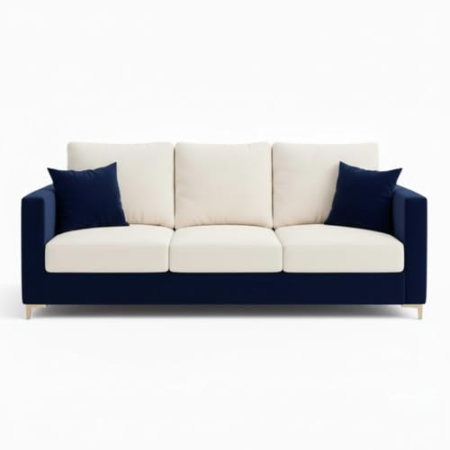 Image of Hayes Dual Tone Rich Velvet Suede 3 Seater Sofa | Golden Aesthetic Legs | Spacious Soft Touch Comfort Seating | Modern Sofa for Living Room (Dark Blue & Cream)