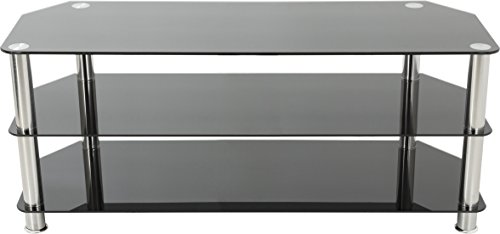 AVF Corner Glass TV Stand - 125cm Wide, Silver Chrome Metal Legs, Gloss Black Safety Shelves, Open Storage for Up to 60" TVs - SDC1250