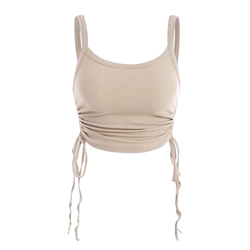 Zaful Women's Sleeveless Tank Tops Shirt Ribbed Drawstring Side Ruched Scoop Neck Basic Crop Top Light Coffee #TOP17