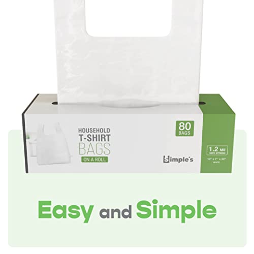 Simple's Plastic Bags With Handles For Small Business,(80 Count) Very Strong Shopping Bags, Plastic Bags Grocery, Plastic T-Shirts Bag, Bag Dispenser Roll - Measures 12"X7"X22", 1.2 Mil Thickness #TOP2
