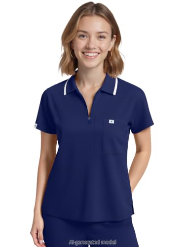Image of Scrub Tops for Women, Medical Short Length Zip-Front Polo Scrub Top