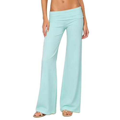 Image of Lounge Yoga Pants for Women Fold Over Low Waist Wide Leg Bell Bottoms | Y2K Foldover Pants, Flare Leggings, Low Rise Yoga Sweatpants