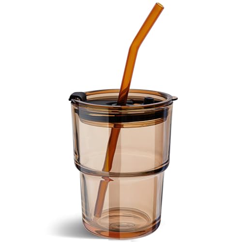 Olvini 13oz Glass Tumbler with Straw and Lid Reusable Iced Coffee Cup Tumbler Cute Glass Cups for Water Matcha Travel Coffee Mugs (Amber - 13oz)