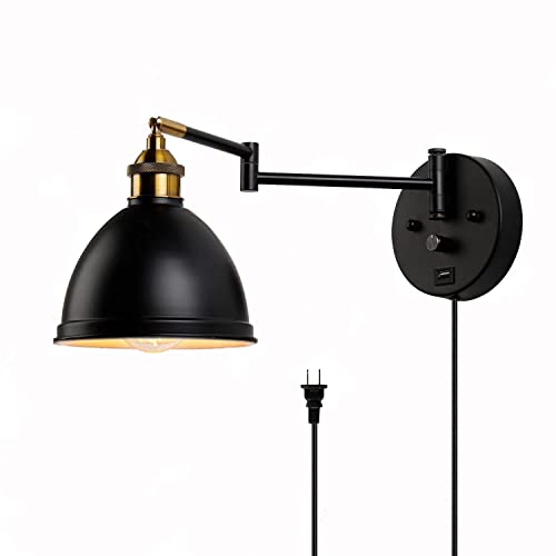 Swing Arm Wall Sconces, Plug-in Wall lamp,Bedroom Wall lamp ， White Fabric Shade，，with dimmable Switch and USB Charging Port, Suitable for Bedside, Living Room, Reading (Metallic Black)