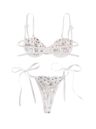 Image of Lilosy Sexy Tie Side Cute Underwire Push Up Strappy Embroidered Mesh Sheer Lingerie Set