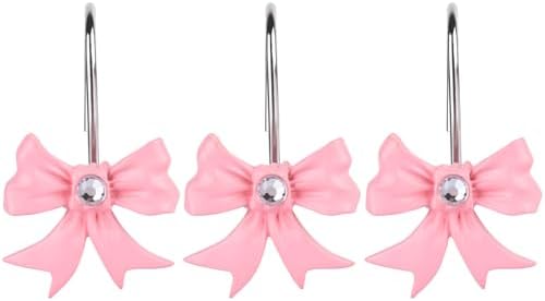 Pink Decorative Shower Curtain Hooks,12 Pcs Decorative Bow Knot Shower Hooks for Bathroom Decor Rust Proof Shower Curtain Rings Hangers (Bow Knot)