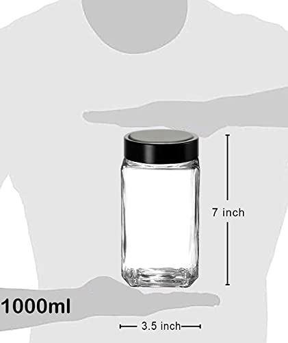 Image of Brezzycloud Glass Cubical Square 1000ml Transparent Glass Jars & Containers for Kitchen Pantry, Masala, Pickles, Cookies, Dry Fruits, Coffee Storage glass jar with Black Plastic Lid (1000ml, Set Of 6)