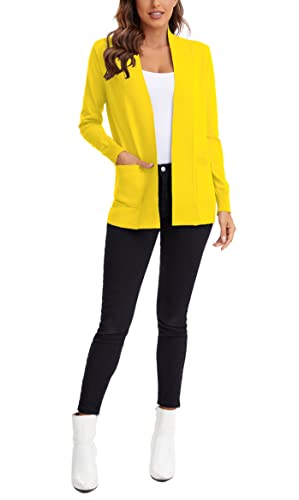 Urban Coco Women's Lightweight Open Front Knit Cardigan Sweater Long Sleeve With Pocket (Lemon Yellow, L) #TOP5