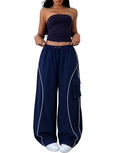 Image of Parachute Baggy Track Pant for Women | Korean Style Loose Fit Wide Leg Cargo Pockets | Piping Casual Trouser