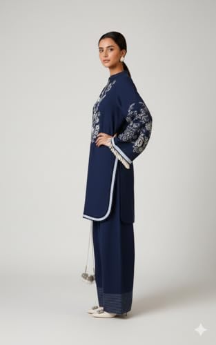 Image of Women Navy Blue Crepe Printed Kurta Set | Elegant Straight Kurta & Pant Ethnic Wear | Sizes up to 6XL