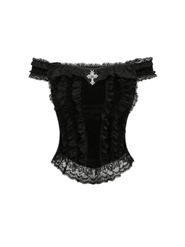 SHENHE Women's Goth Top Lace Trim Velvet Off Shoulder Short Sleeve Punk Top Shirt
