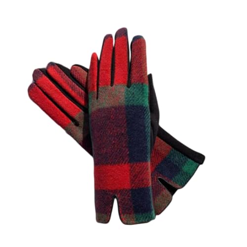 Women's Winter Plaid Gloves, Red Navy Green Buffalo Check Pattern, 9.5 Inch Length, Casual Cold Weather Accessories (Red)