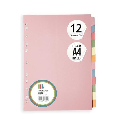 Ordner-Register A4, 12-teilige Ordner-Trennblätter für Ringbücher & Aktenordner (1 Pack), Ordner und Fächerregister mit beschreibbaren farbigen Registerkarten The Paper Shop