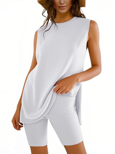 Outfeel Women Two Piece Short Set Summer Sweatsuit Beach Vacation Outfits Sleeveless Tunic Top and Shorts Lounge Sets White XL