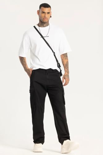 Image of SNITCH Men Cargo Pants | Relaxed Fit with Utility Pockets & Plain Pattern | Premium Cotton Blend Fabric for Casual Wear, College Wear & Street Style