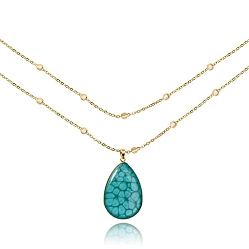 Dragon Porter Long Ball Chain Necklace with Teardrop Pendant for Women (13 - Blue Turquoise Gold)