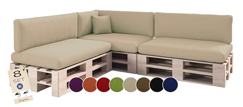 sunnypillow Set de 8 Coussins pour Canapé Palette - Matelas Extérieur Impermeable, Anti UV - d’Assise 120 x 80 x 15 cm + Dossier 120 x 40 x 20/10 cm -...