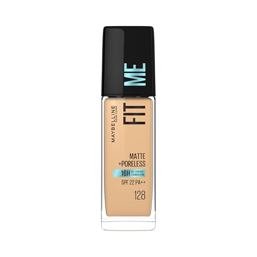 Maybelline New York Liquid Foundation For All Skin Type,Full Matte Finish, With SPF, Absorbs Oil, Fit Me Matte + Poreless, 128 Warm Nude, 30 Ml
