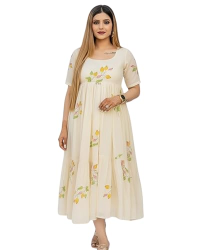 Image of Women's Cotton Printed Fit & Flare Midi Dress with Round Neck - Casual Wear Dress