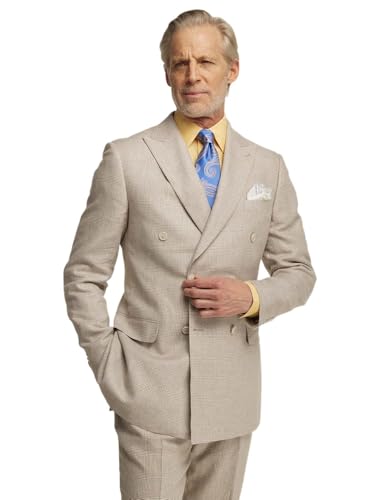 Paul Fredrick Men's Linen Blend Plaid Double Breasted Peak Lapel Suit Jacket2