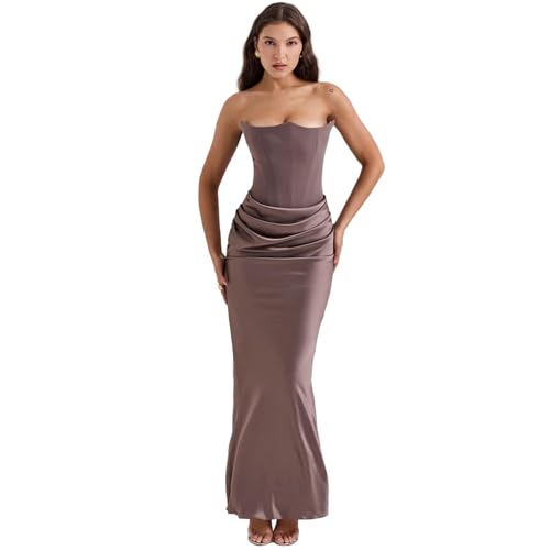 Image of ANKOMINA Women's Strapless Boned Corset Satin Dress Sexy Backless Pleated Stitching Dresses for Wedding Cocktail